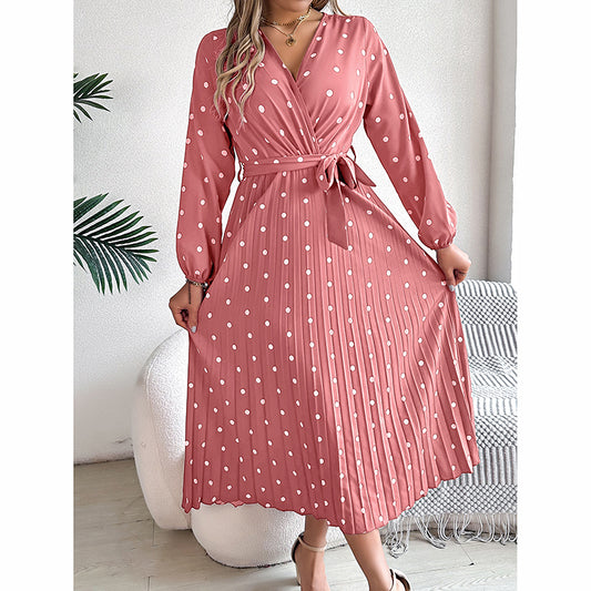 Women's Polka Dot Maxi Dress - V-Neck Long Sleeve A-Line Dress With Belt & Pleats For Spring Fall