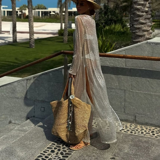 Sexy Sheer Round-Neck Long-Sleeve Split Sun-Protective Dress