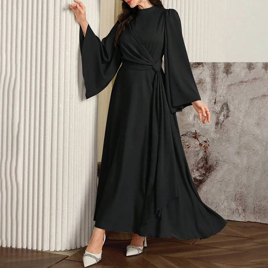 Women's Middle Eastern Flare Sleeve Maxi Dress, High Neck Twist Waist A-Line Gown