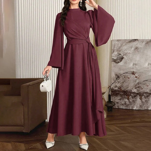 Women's Middle Eastern Flare Sleeve Maxi Dress, High Neck Twist Waist A-Line Gown